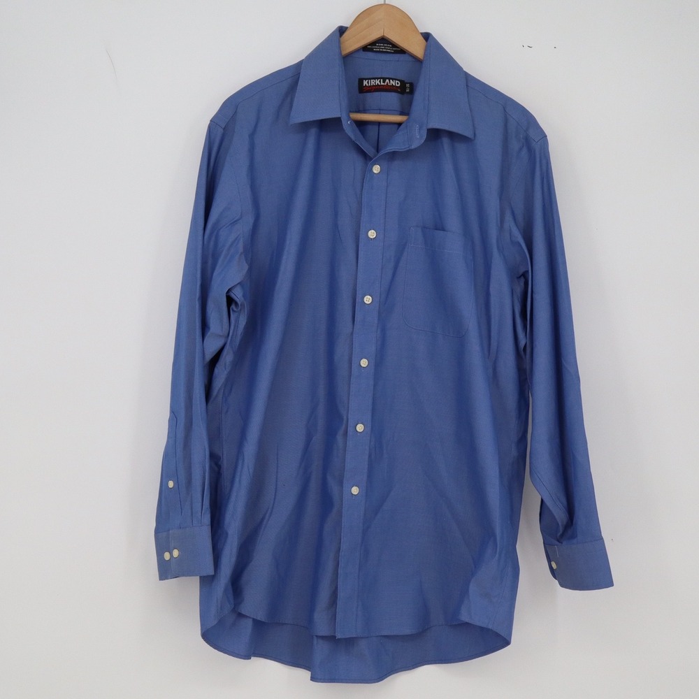 Kirkland Dress Shirt Mens 16.5 35 Signature Blue Non-Iron Cotton Excellent